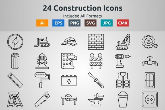 24 Construction Outline Icons Graphics