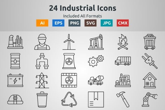 24 Industrial Outline Icons: A Versatile Graphic Design Asset
