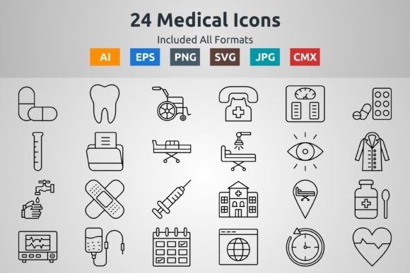24 Medical Outline Icons Graphics