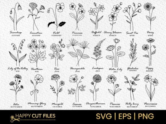 Birth Month Flower SVG Bundle Clipart for Crafts and Graphics